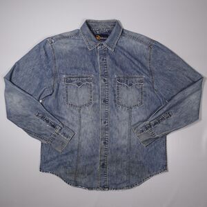 Vintage Nautica Denim Long Sleeve Shirt Blue Stealth Snap Distressed Mens Large